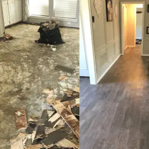 Water damage restoration before and after — damaged walls to complete repair